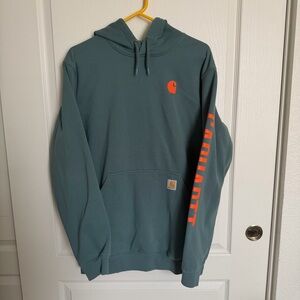Carhartt Men's Teal Hoodie with Orange Logo Sleeve